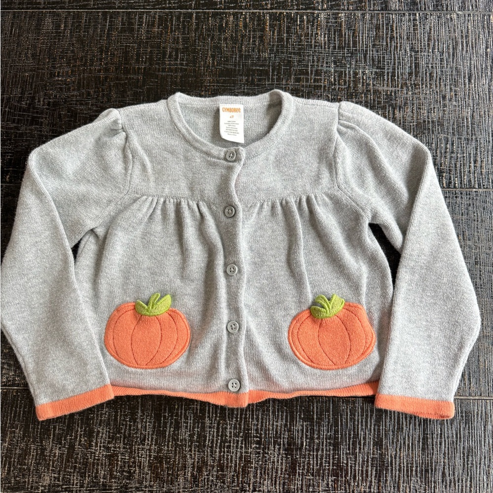EUC Gymboree Light Gray & Orange Pumpkin Knit Cardigan Girls 4T